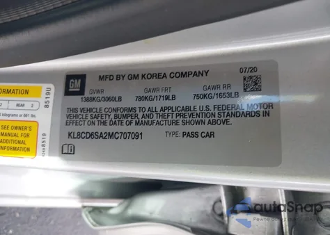 2021 Chevrolet Spark Fwd 1Lt Automatic из США, поврежденный, VIN KL8CD6SA2MC707091